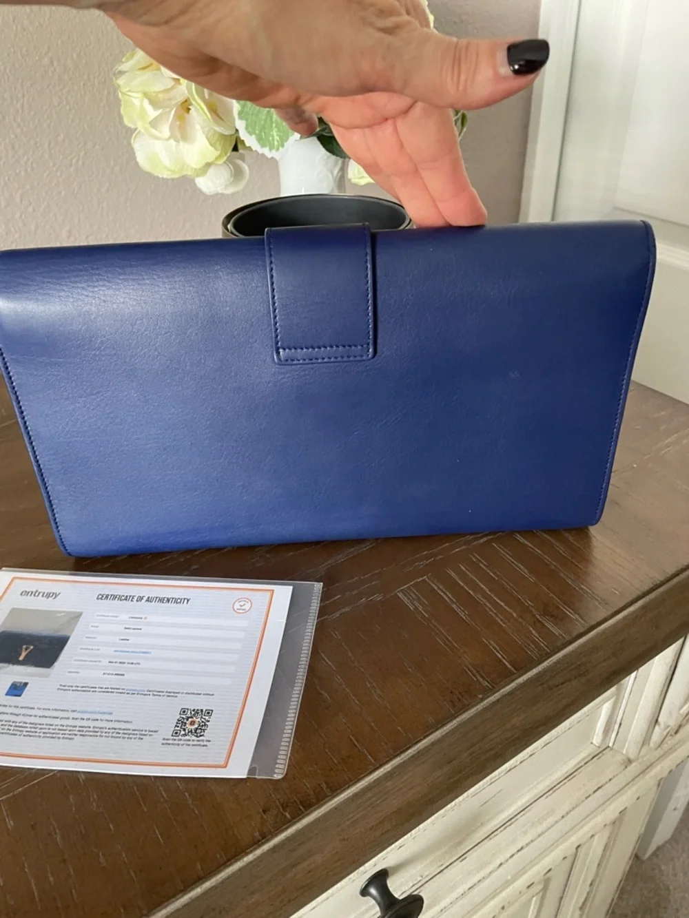 Yves Saint Laurent Deep Blue Leather Clutch with Gold Y Accent - Picture 3 of 5